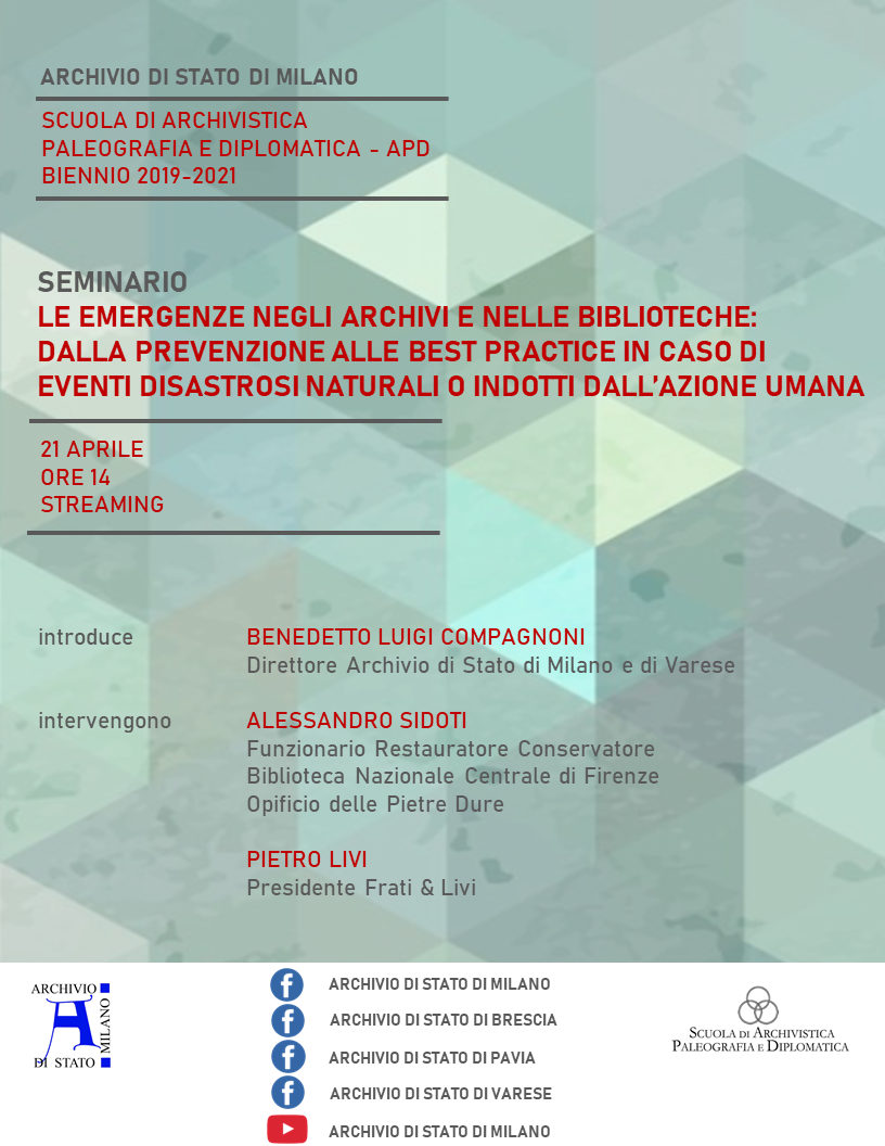 Seminario “Le emergenze negli archivi e nelle biblioteche: dalla prevenzione alle best practice in caso di eventi disastrosi naturali o indotti dall'azione umana”