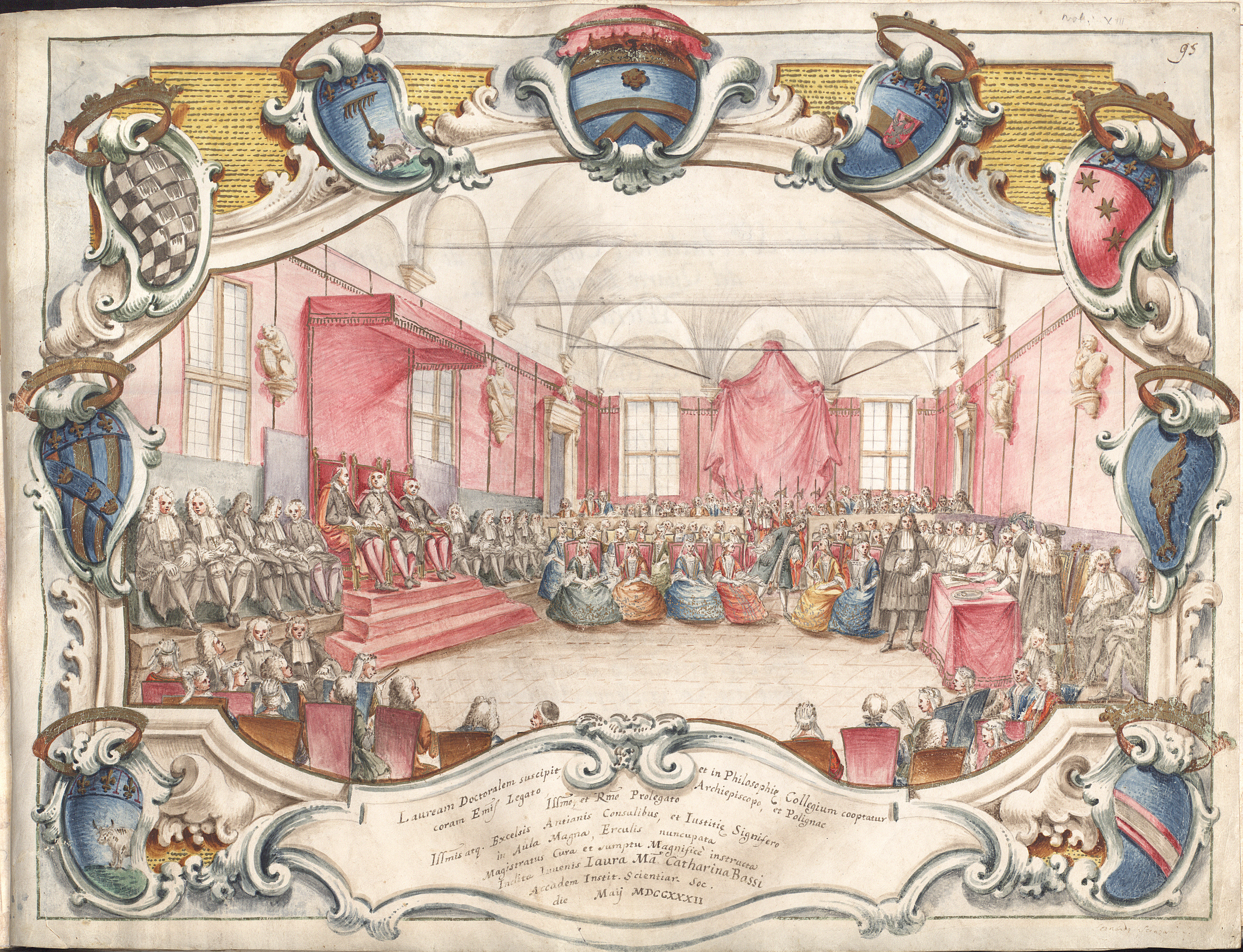 Proclamazione di Laura Bassi a dottore in filosofia e membro onorario del Collegio dei dottori in filosofia nel maggio del 1732, presso l’Università di Bologna.