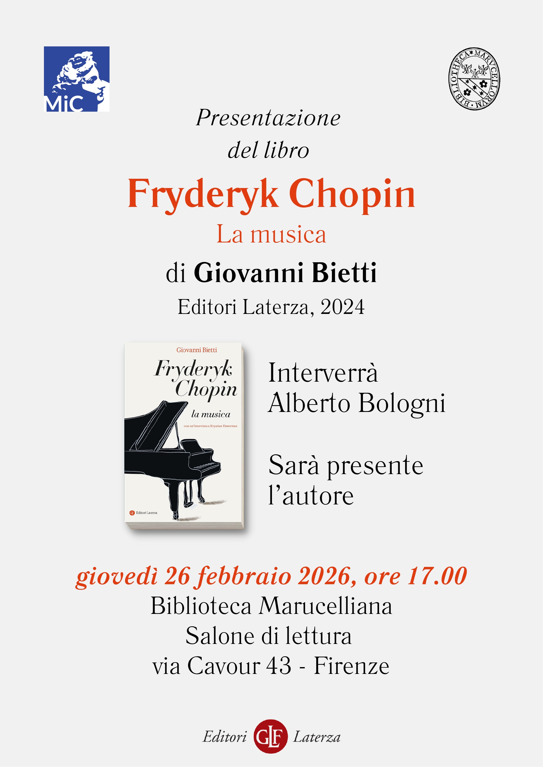 Presentazione libro: "Fryderyk Chopin. La musica", di Giovanni Bietti - Biblioteca Marucelliana - 26 Febbraio 2026