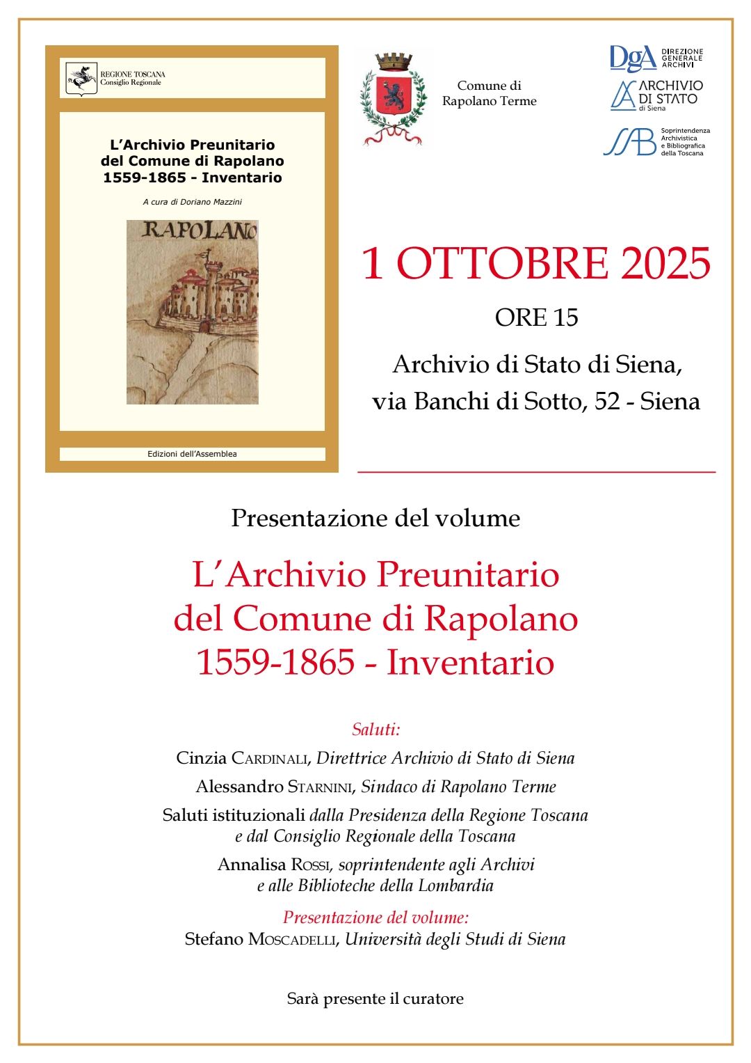 "L'Archivio preunitario del comune di Rapolano  (1559-1865) inventario". - Presntazione del volume