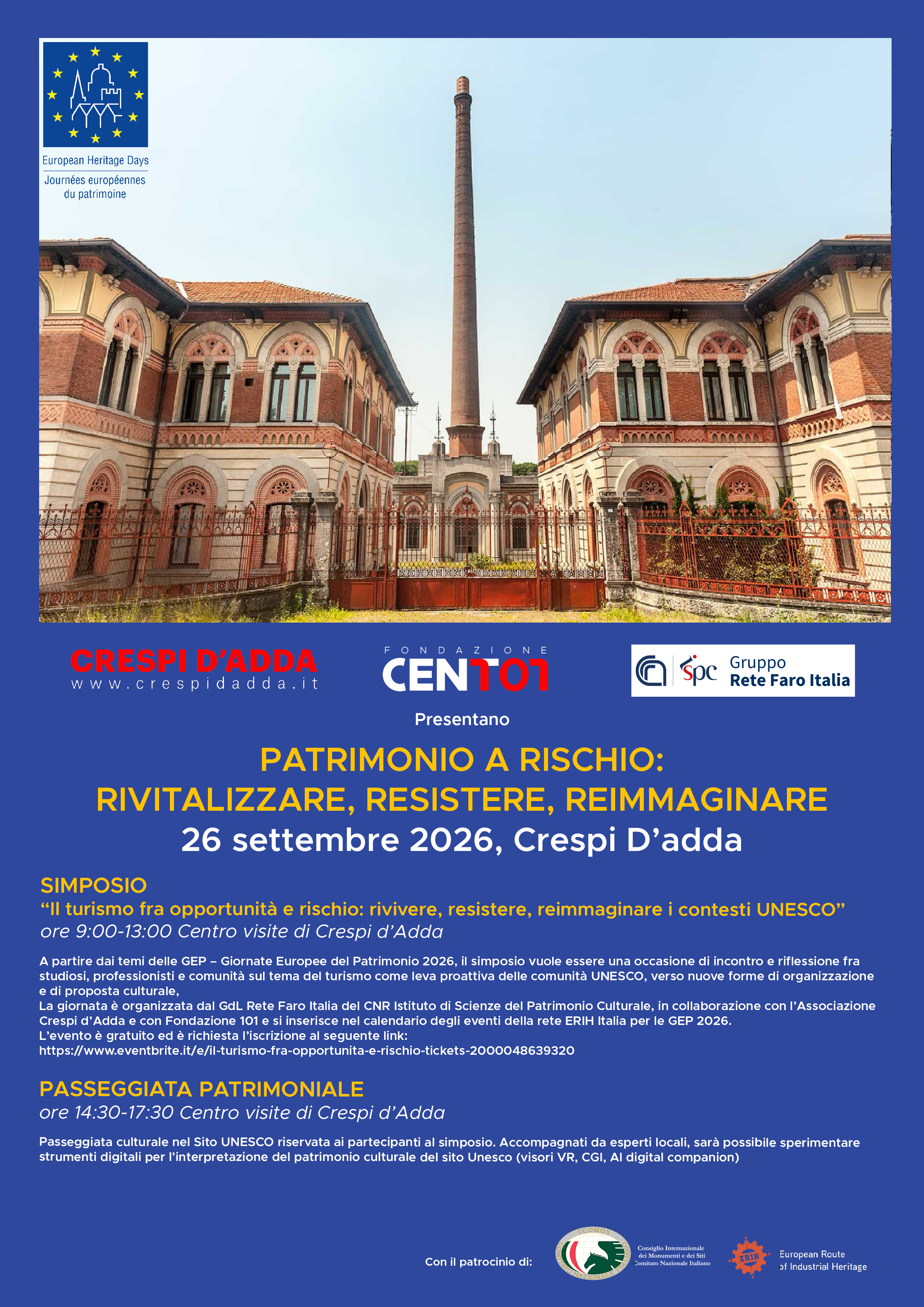 Simposio “Il turismo fra opportunità e rischio: rivivere, resistere, reimmaginare i contesti UNESCO” e Passeggiata Patrimoniale a Crespi d’Adda