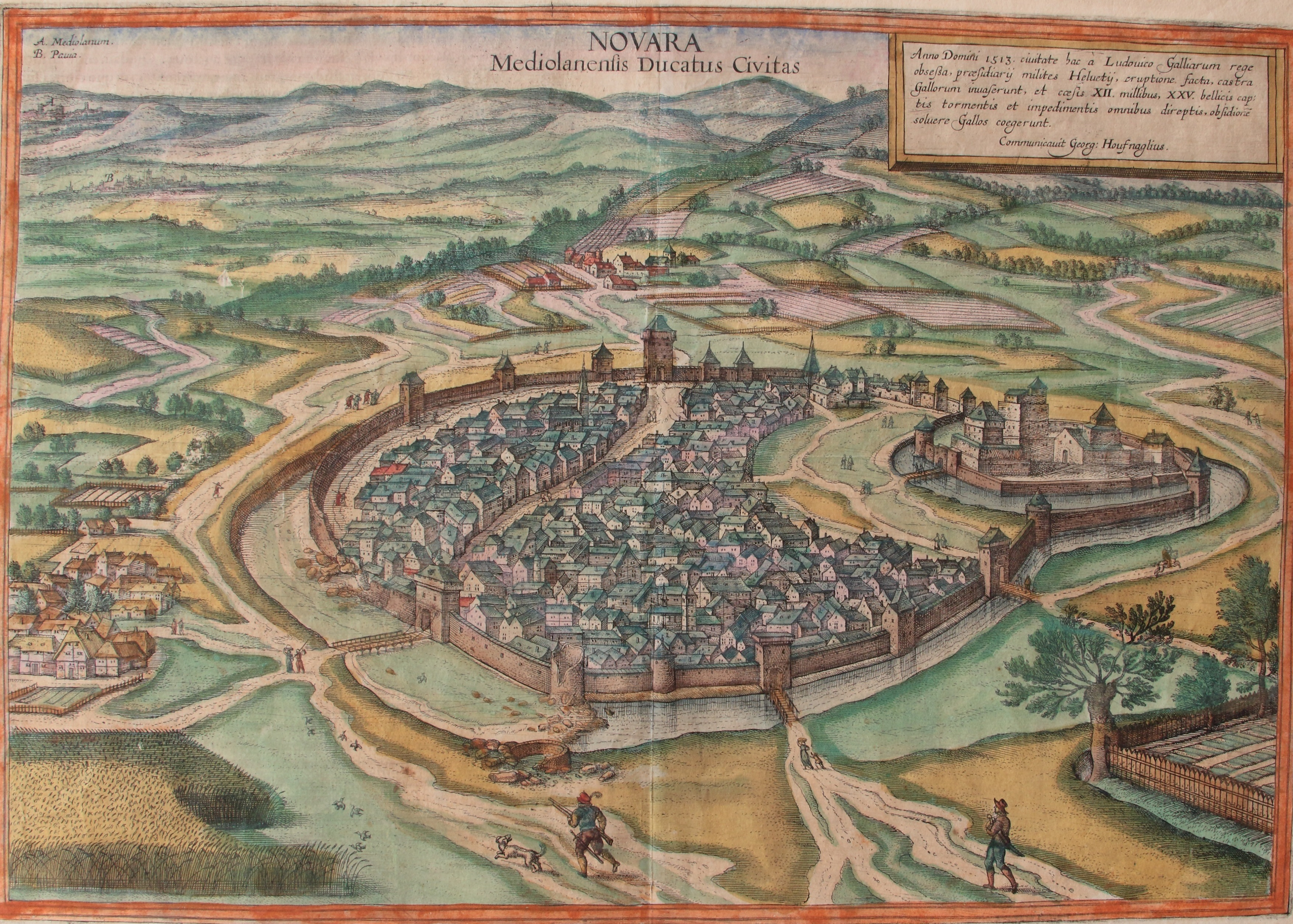 Incisione acquarellata a colori della città di Novara come doveva apparire nel 1513.