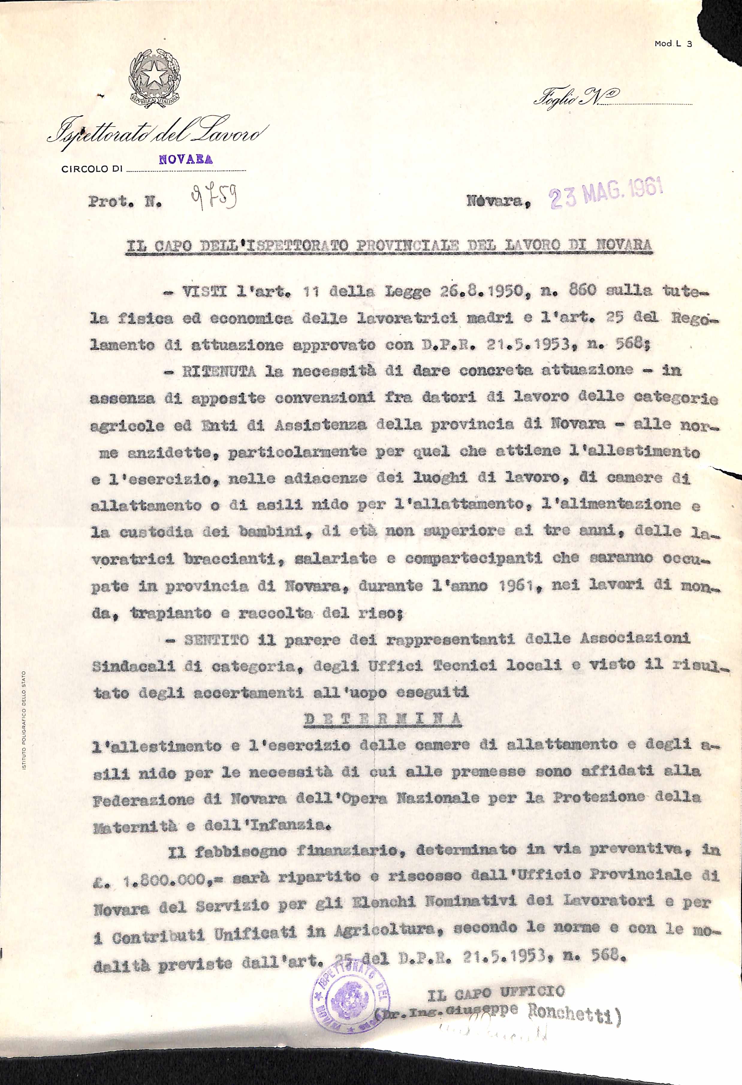 Determina dell'Ispettorato del lavoro di Novara per l'allestimento di camere di allattamento e degli asili nido per le lavoratrici e le braccianti nell'anno 1961.