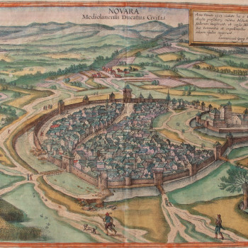 Incisione acquarellata a colori della città di Novara come doveva apparire nel 1513