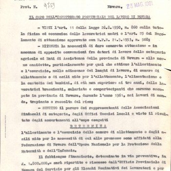 Determina dell'Ispettorato del lavoro di Novara per l'allestimento di camere di allattamento e degli asili nido per le lavoratrici e le braccianti nell'anno 1961