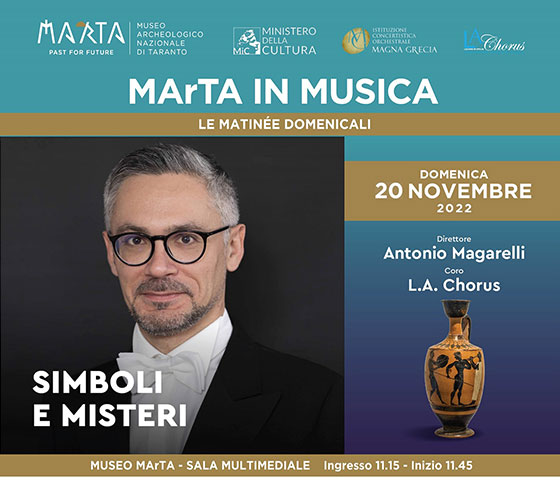 “Simboli e Misteri” I madrigali di Monteverdi protagonisti della matinée musicale  al Museo Archeologico Nazionale di Taranto  Tornano domenica 20 novembre i concerti di “MArTA in MUSICA”