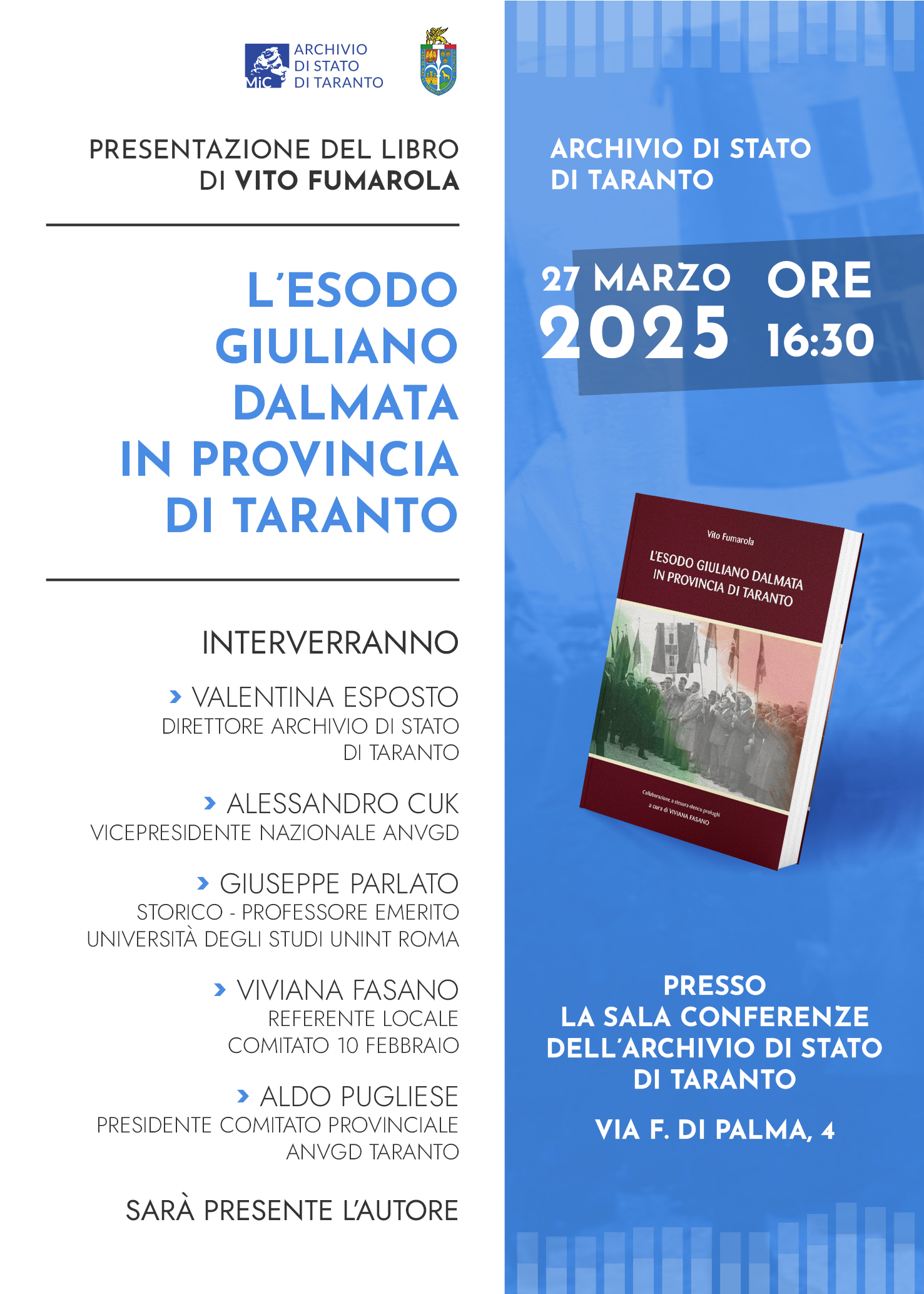 Presentazione del volume  "L’esodo giuliano dalmata in provincia di Taranto" di Vito Fumarola