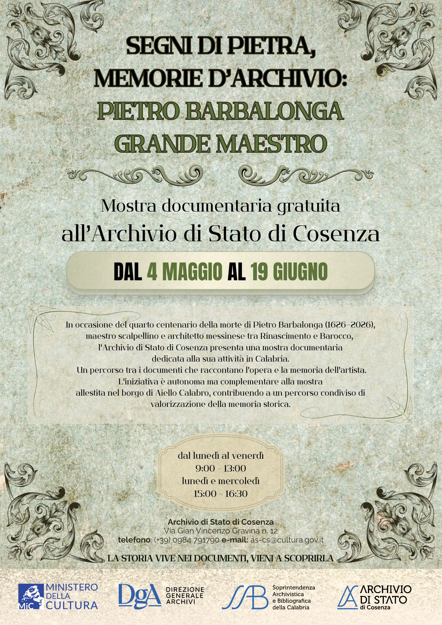 Mostra “Segni di pietra, memorie d’Archivio: Pietro Barbalonga grande maestro”